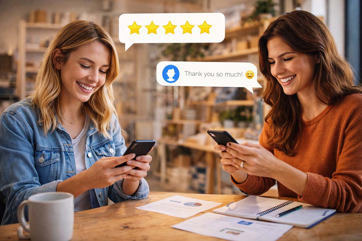 Happy customer leaving online review while business owner responds to feedback customer experience marketing strategy
