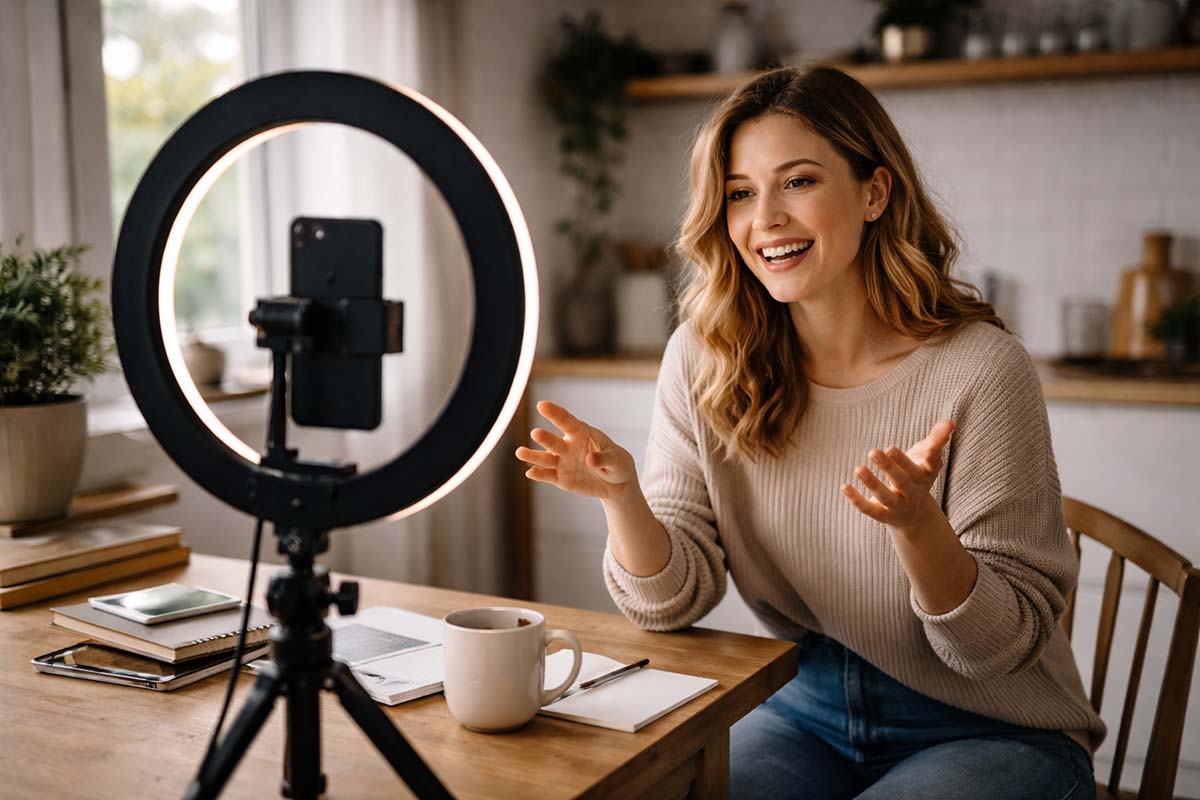 Small content creator filming video at home using smartphone and ring light setup, Micro Influencer Marketing for Small Businesses