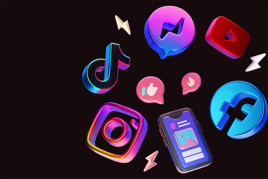 Social commerce integration for UK brands - 3D social media icons and mobile shopping interface for TikTok and Instagram shops.
