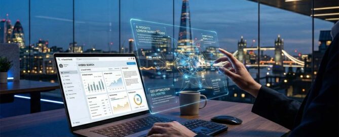 A professional workspace featuring a laptop displaying a hybrid search dashboard with floating AI data nodes and a London city skyline at dusk, symbolizing the shift from traditional search to AI-first discovery for SMEs.