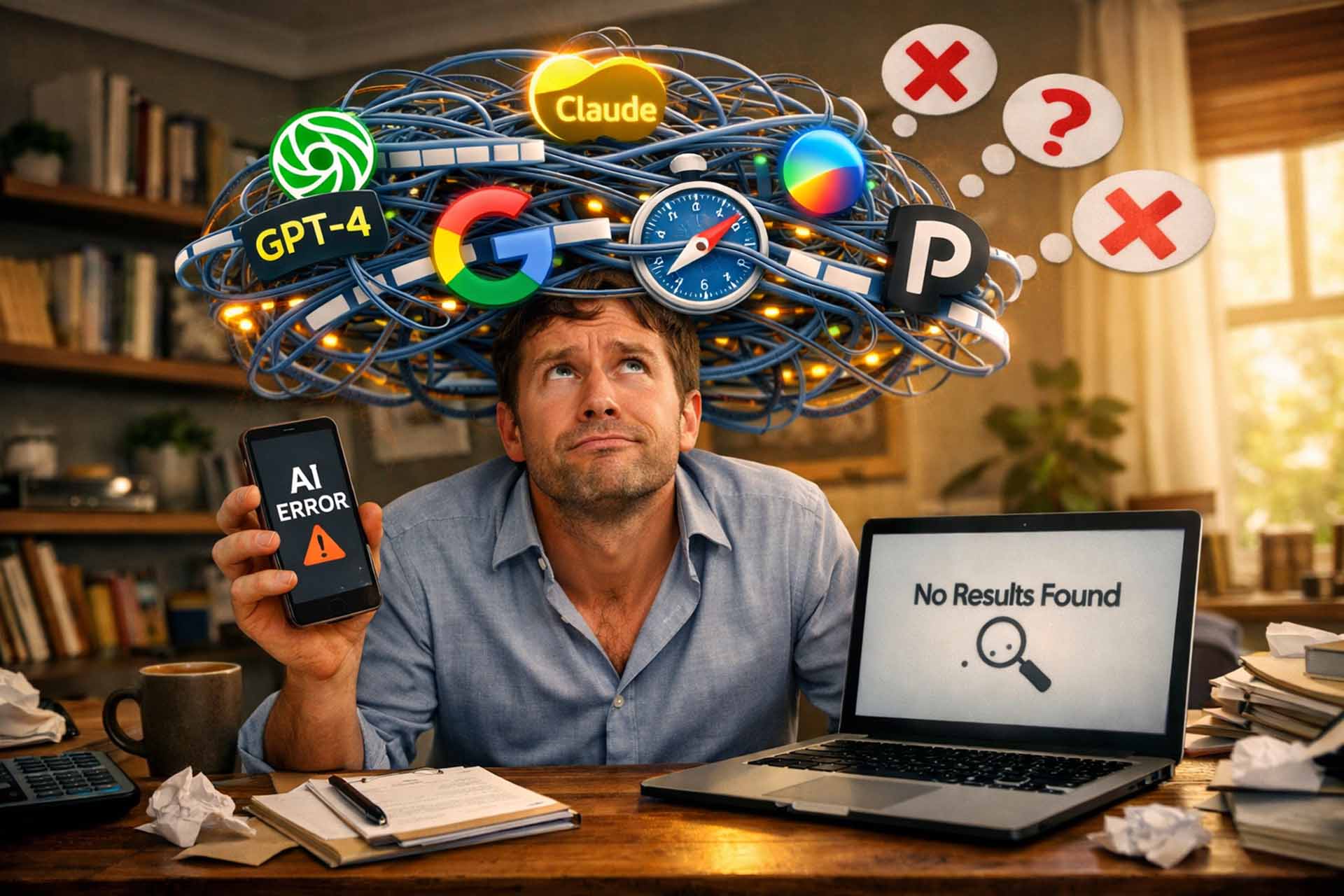 Structural Digital Resilience, Modern UK business owner overwhelmed by a chaotic, glowing tangle of AI LLM logos (ChatGPT, Gemini, Perplexity) that have physically snarled and trapped a classic Google G and Safari compass logo above their laptop and smartphone.