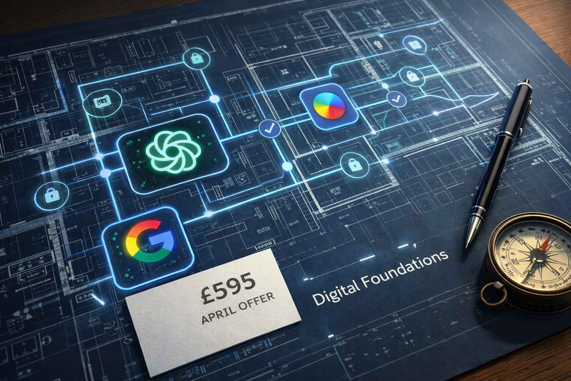 ai-visibility-foundation-build-april-offer Close-up of a technical blueprint with integrated ChatGPT and Gemini icons, an antique compass, and a £595 April offer card, ai search
